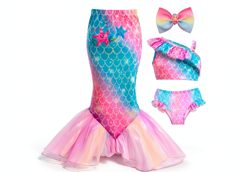 Girl wearing SunnyKids 3‑piece swimsuit at the beach