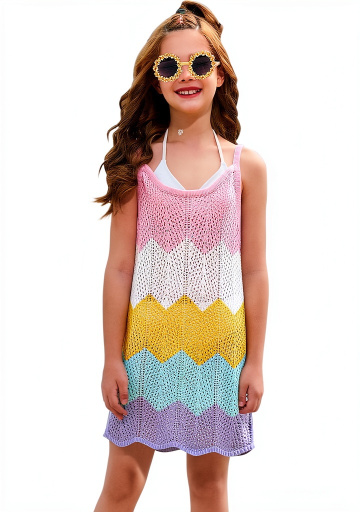 Girl wearing colorful crochet swim cover-up at the beach, showing adjustable strap and lightweight crochet knit